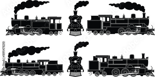 Steam locomotive silhouette icon set, black flat vector vintage trains with smoke in side and front views for railway, transport, history and industrial design