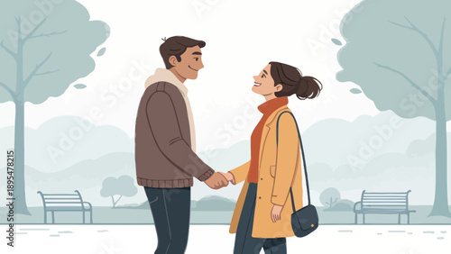 Smiling couple holding hands in a park during autumn, illustration, representing love and relationships