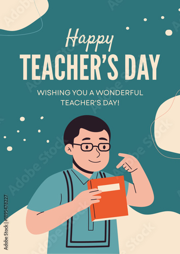 Happy Teacher's Day card with a male teacher holding a book, celebrating educators and education