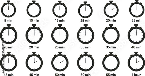 Stopwatch timer icon set showing different time intervals from minutes to one hour for productivity tracking time management and scheduling design concepts