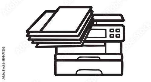 A photocopier machine loaded with papers is viewed from the front in an office setting