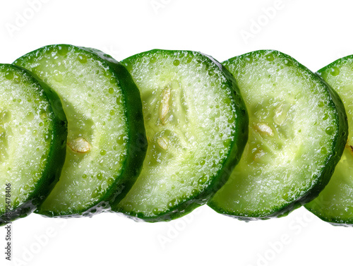 Fresh cucumber slices, ideal for a refreshing salad or snack. Close-up view of the crisp, vibrant green cucumber slices Isolated Transparent Background, PNG