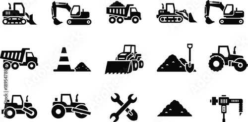 Black Silhouette Icon Set of Construction Vehicles, Equipment, and Tools Including Bulldozer, Excavator, Dump Truck, and Jackhammer