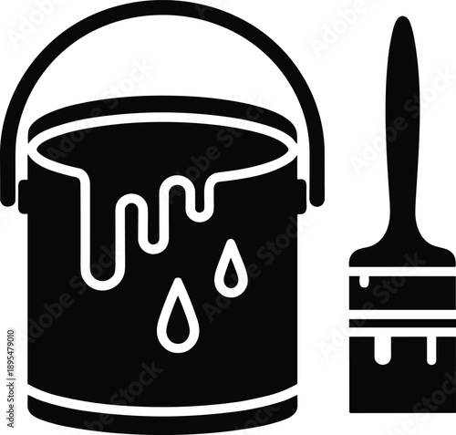 Black and White Icon of Paint Bucket and Dripping Paintbrush Representing Artistic Activity, Home Improvement, and Painting Tools