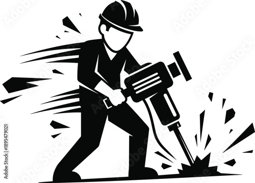 Black and White Illustration of Construction Worker Operating Jackhammer with Debris and Motion Lines Representing Labor, Machinery, and Impact