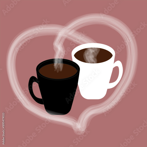 Coffee Steam Forming a Heart Around Two Cups Illustration