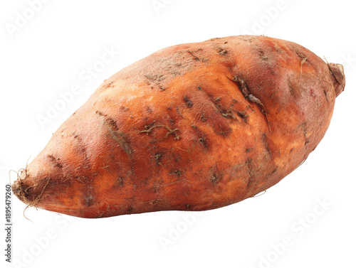 A close-up shot of a single sweet potato, showcasing its earthy texture and vibrant color. The image is taken at eye level. Isolated Transparent Background, PNG