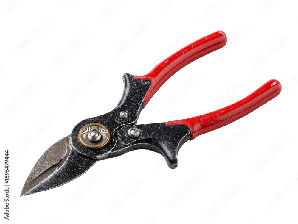 Obraz premium A close-up shot of a pair of red-handled garden shears, perfect for trimming plants and maintaining a neat garden Isolated Transparent Background, PNG