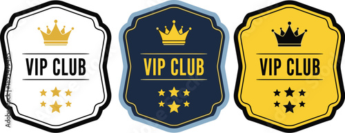 VIP club badge and premium membership label set with crown and star icons representing exclusive access, luxury status, loyalty program, and elite customer rewards concept