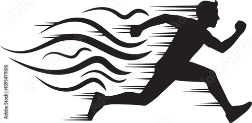 Athletic male runner silhouette sprinting fast with dynamic motion lines and speed effect
