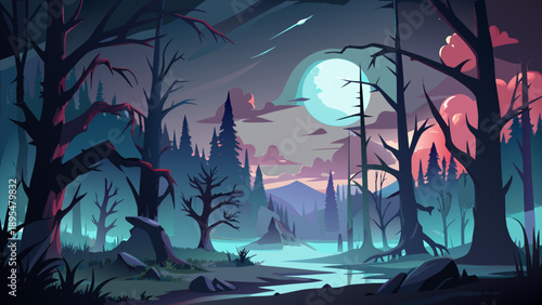 Very beautiful dark forest scene with dead trees, thick fog, and a glowing moon under a scary night sky, creating a mysterious horror atmosphere ideal for cinematic backgrounds and wallpapers.