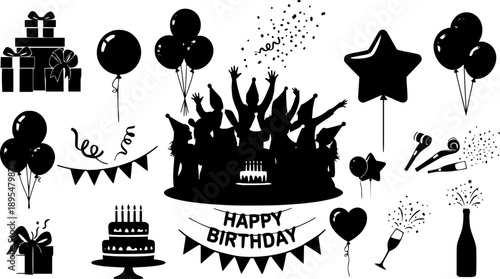 set of birthday party silhouette vector with white background