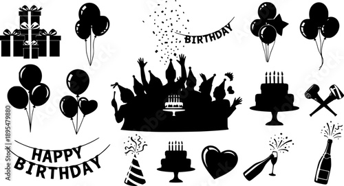 set of birthday party silhouette vector with white background