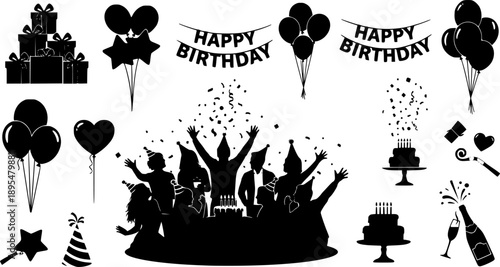 set of birthday party silhouette vector with white background
