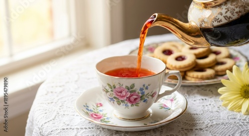 Hot amber tea pouring from an elegant teapot into a classic floral porcelain teacup on a lace tablecloth with jam cookies and a yellow flower
