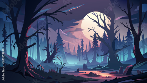 Very beautiful dark forest scene with dead trees, thick fog, and a glowing moon under a scary night sky, creating a mysterious horror atmosphere ideal for cinematic backgrounds and wallpapers.