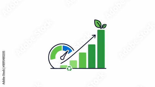 Green bar chart with growing plant.