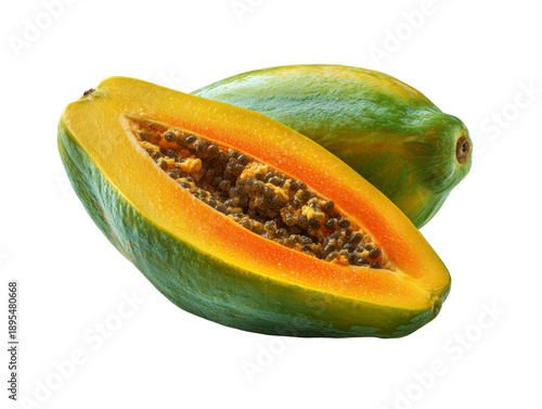 Fresh papaya fruit cut in half to showcase its vibrant colors and textures Isolated Transparent Background, PNG