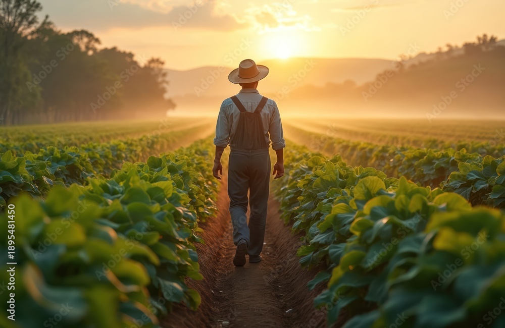 Fototapeta premium Man in straw hat walks through farm field at sunrise. Rows of green plants stretch to horizon with mist and sun glow. Farmer works on land preparing for harvest.