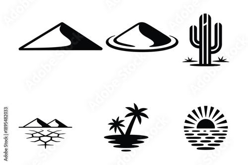 Desert Landscape Icons: Dunes, Cactus, Mountains, and Oasis