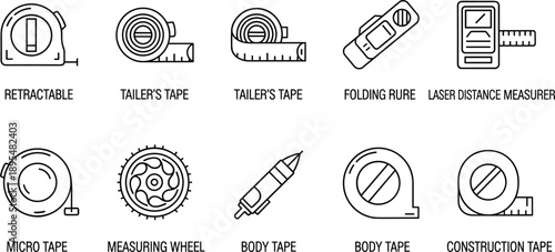 Set of 10 Labeled Measuring Tool Icons in Black and White Featuring Tape Measures, Rulers, and Distance Devices for Design Use