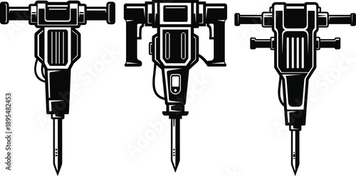 Jackhammer icon set with three black-and-white vertical designs featuring pointed chisels, side handles, and power cords.