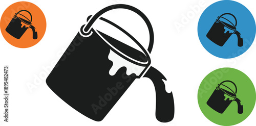 Stylized Paint Bucket Icon in Black and White with Colored Variants Representing Pouring Action for Art, Design, and Creativity Themes