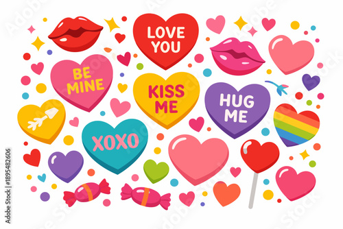 Valentine's day flat icon set. featuring hearts, lips, candy, messages, rainbow, and lollipop symbols