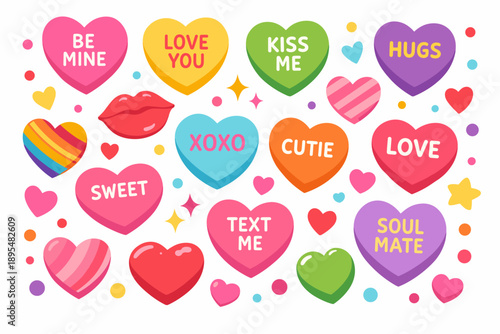 Valentine's day flat icon set. featuring hearts, love messages, and kisses for romantic themes