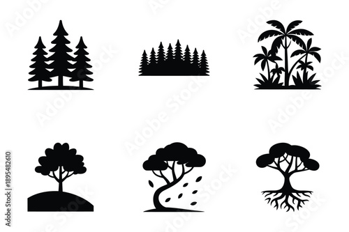 Forest and Tree Icons: Pines, Tropical Trees, and Autumn Leaves