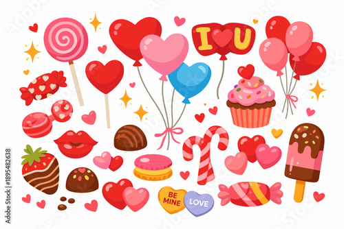 Valentine's day flat icon set. featuring heart, candies, balloons, chocolates, cupcake, and lips symbols