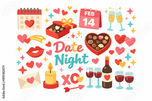 Valentine's day flat icon set. featuring calendar, chocolates, champagne, lips, letter, hearts, and candle icons