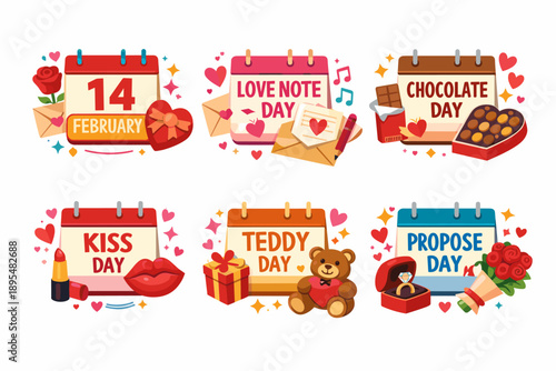 Valentine's day flat icon set. featuring love note, chocolate, kiss, teddy, and propose symbols
