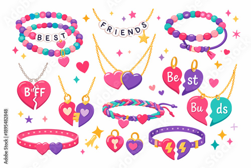 Friendship jewelry flat icon set. featuring bracelets, necklaces, lockets, charms, and hearts