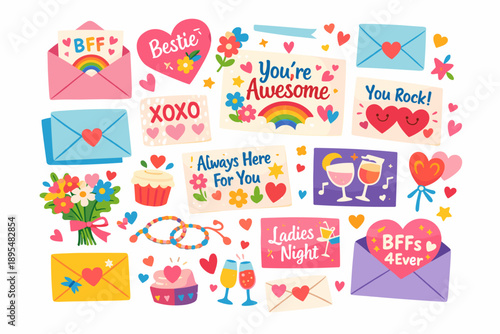 Friendship and celebration flat icon set. featuring cards, letters, hearts, drinks, and flowers symbols