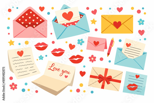 Romantic correspondence flat icon set. featuring love letter, envelope, card, lips, gift, and note.