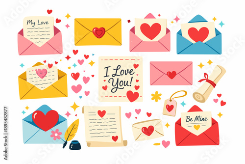 Love letters flat icon set. featuring love note, envelope, heart, letter, message, romantic card, gift tag, scroll, quill, and sparkles