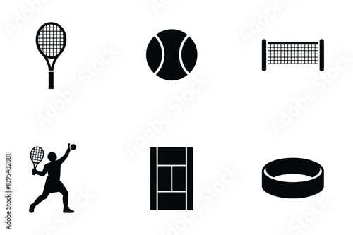 Tennis Icons: Racket, Ball, Net, Player, and Court