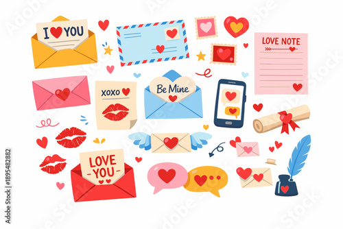Valentine's day flat icon set. featuring love note, heart, letter, kiss, mobile, pen, and envelope symbols