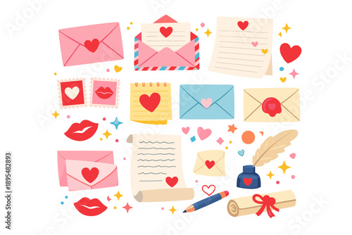 Romantic correspondence flat icon set. featuring love letters, envelopes, stamps, notes, and hearts