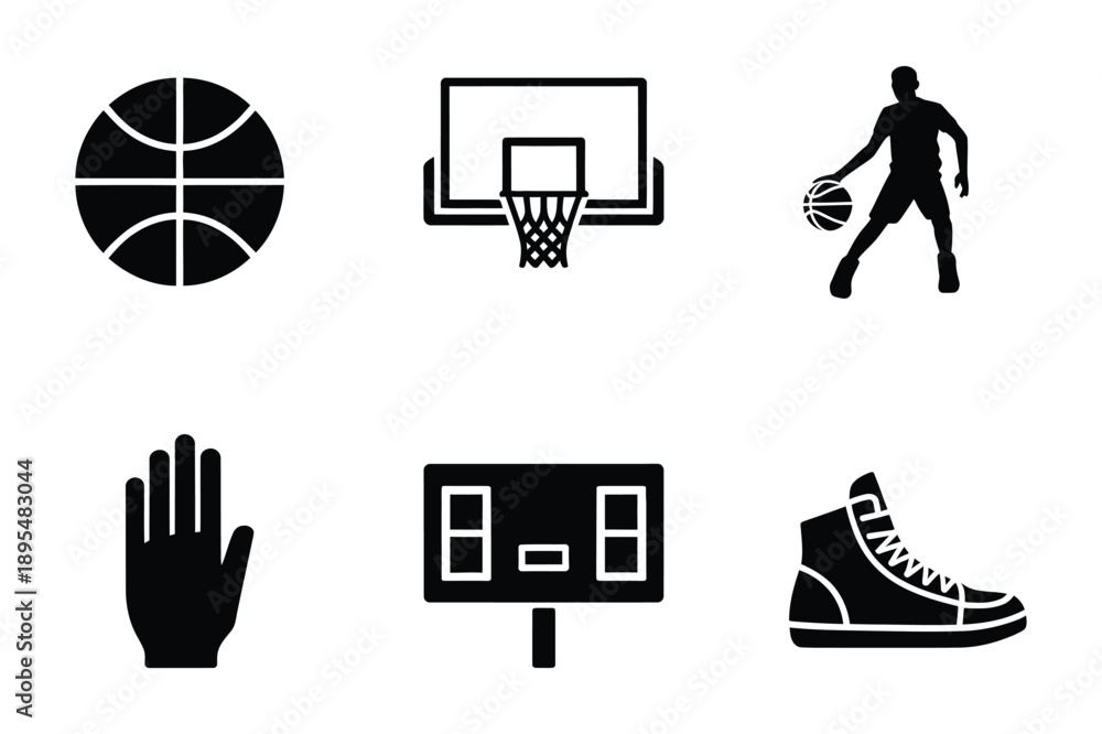 Obraz premium Basketball Icons: Ball, Hoop, Player, Hand, Scoreboard, Sneaker