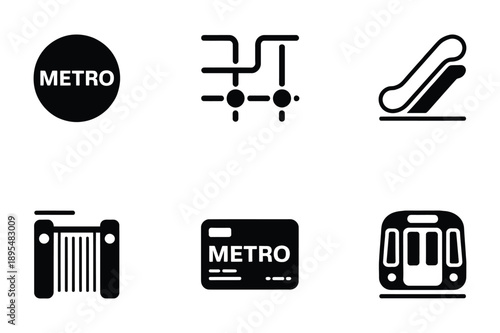 Metro Icons: Subway Map, Train, Escalator, and Ticket