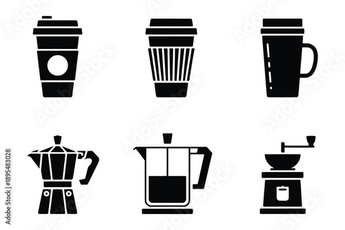 Coffee Icons: To-Go Cups, Mug, Moka Pot, and Coffee Grinder