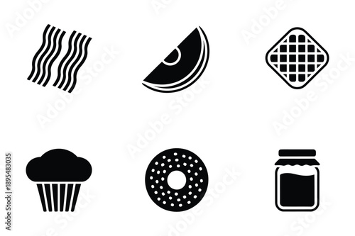 Breakfast Icons: Bacon, Fruit Slice, Waffle, Muffin, and Donut
