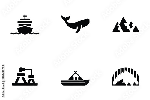 Nautical and Nature Icons: Ship, Whale, Mountains, Tent, Canoe, Tunnel