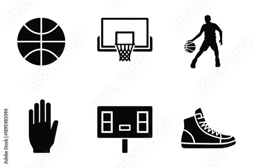 Basketball Icons: Ball, Hoop, Player, Hand, Scoreboard, Sneaker