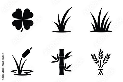 Nature Icons: Clover, Grass, Reed, Bamboo, Wheat, Flower