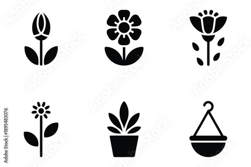 Floral Icons: Flowers, Bud, Potted Plant, Hanging Basket