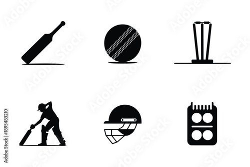 Cricket Icons: Bat, Ball, Wicket, Player, Helmet, Scorecard