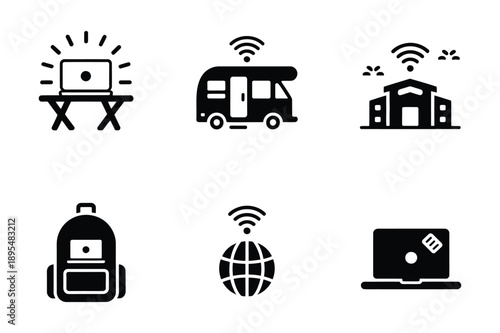 Connectivity Icons: Laptop, RV, Wi-Fi, Globe, Backpack